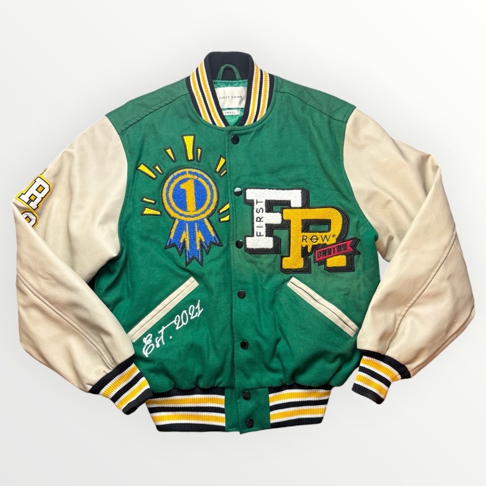 First Row Mens Green Varsity Jacket Chenille Patch Streetwear Small